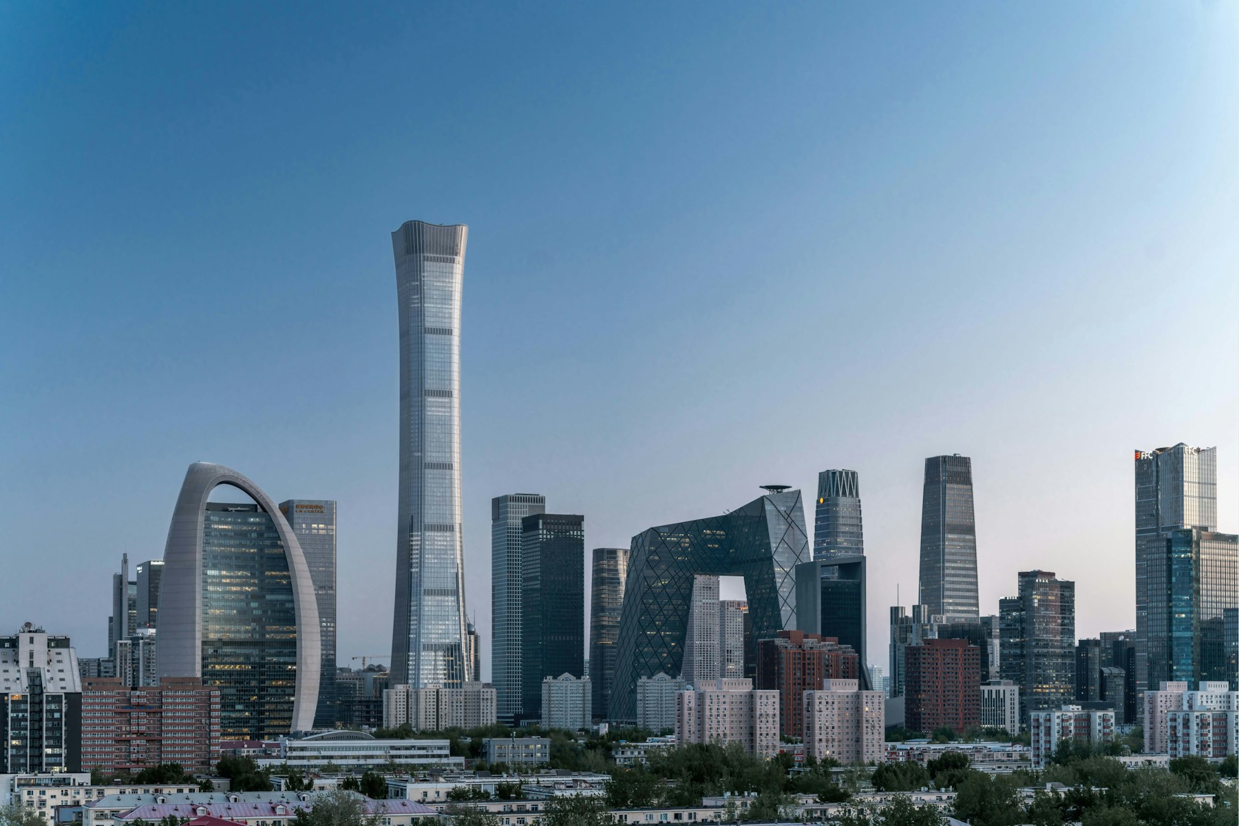 Beijing central business district skyline beneath a clear blue sky